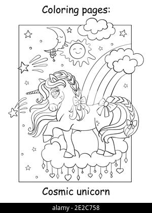 Niedliches magisches Einhorn, das auf der Wolke am Nachthimmel steht. Malbuch Seite. Vektor Cartoon Illustration isoliert auf weißem Hintergrund. Zum Färben Stock Vektor