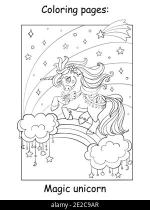 Nettes Einhorn läuft auf Regenbogen in den Nachthimmel. Malbuch Seite. Vektor Cartoon Illustration isoliert auf weißem Hintergrund. Für Malbuch, pre Stock Vektor