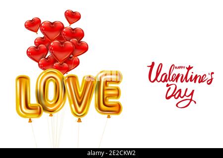 Happy Valentines Day, Love Gold Helium metallic glänzende Luftballons realistischen Text, Schriftzug, Herzform fliegen rote Luftballons, Party, Dekoration Stock Vektor