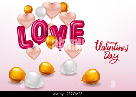 Happy Valentines Day, Love Red Helium metallic glänzende Luftballons realistischer Text, Schriftzug, Herzform fliegende rosa Luftballons, Party, Dekoration Stock Vektor