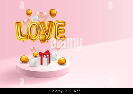 Liebe rote Helium metallic glänzende Ballons realistisch, Box Geschenk, inerior Sockel, fliegende goldene Ballons, Party, Dekoration, Grußkarte. Vektor Stock Vektor