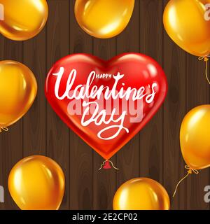 Happy Valentines Day rot Herz Form glänzend Ballon realistisch, Schriftzug, Hintergrund Holztisch goldene Luftballons, Grußkarte. Vektorbanner Stock Vektor