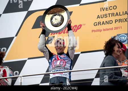 Der australische MotoGP-Weltmeister Casey Stoner von Honda HRC beim Rennen des Australia Grand Prix in Phillip Island, Australien, am 16. Oktober 2011. Foto von Malkon/ABACAPRESS.COM Stockfoto