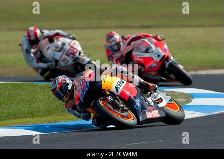 Der australische MotoGP-Weltmeister Casey Stoner von Honda HRC beim Rennen des Australia Grand Prix in Phillip Island, Australien, am 16. Oktober 2011. Foto von Malkon/ABACAPRESS.COM Stockfoto