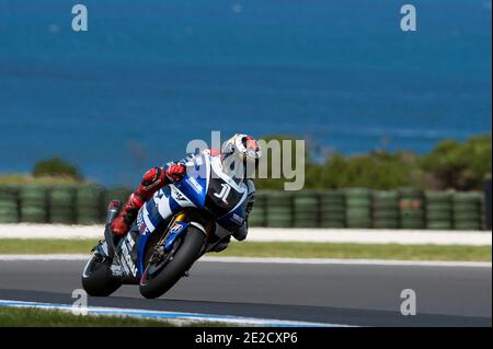 Der spanische MotoGP-Fahrer Jorge Lorenzo von Yamaha beim Test des Australia Grand Prix auf Phillip Island. Am Samstag, Den 15. Oktober 2011. Foto von Malkon/ABACAPRESS.COM Stockfoto