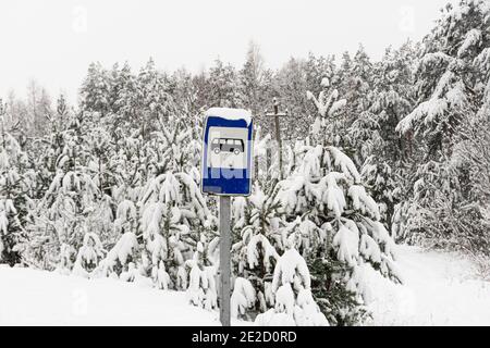 Straßenschild Bushaltestelle im Winter in einem entfernten Dorf Und schneebedeckte Pinien mit bewölktem Himmel Stockfoto