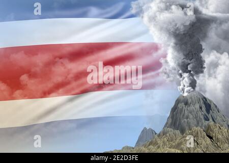 Großer Vulkanausbruch bei Tag mit weißem Rauch auf Costa Rica Flagge Hintergrund, leiden unter Katastrophe und vulkanischen Erdbeben Konzept - 3D illustratio Stockfoto