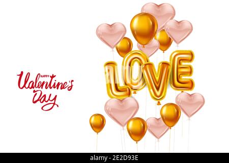 Happy Valentines Day, Love Gold Helium metallic glänzende Luftballons realistischen Text, Schriftzug, Herzform fliegen rosa Luftballons, Party, Dekoration Stock Vektor
