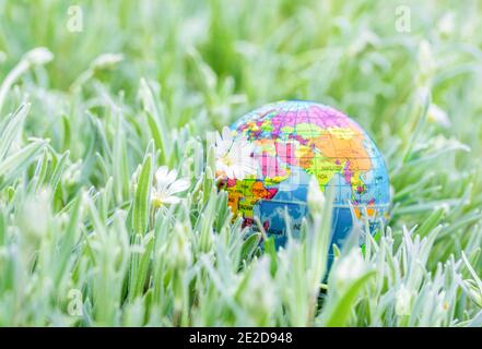 Erdkugel auf dem Gras. Rette die Natur. Umwelt. April 22 Erde Tag Thema. Sommertag, Konzept der Ökologie und Rettung des Planeten. Stockfoto