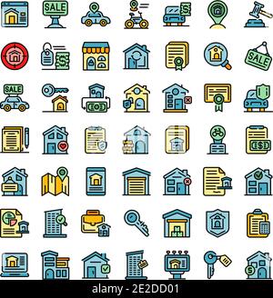 Symbole mieten. Umriss Satz von Miete Vektor-Symbole dünne Linie Farbe flach auf weiß Stock Vektor