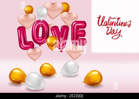Happy Valentines Day, Love Red Helium metallic glänzende Luftballons realistischer Text, inerior, Schriftzug, Herzform fliegen rosa Luftballons, Party, Dekoration Stock Vektor