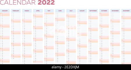 Die Kalenderplanvorlage 2022 mit vertikalen monatlichen Spalten Stock Vektor