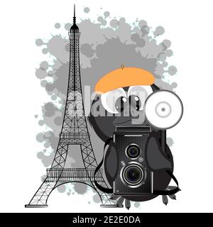 Eiffelturm und Fotograf.Vektor-Illustration. Iittle Rabe mit einer Kamera. Cartoon-Vektor-Illustration. Stock Vektor