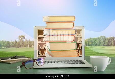 Moderner Laptop mit Büchern auf dem Tisch im Park. Konzept der Online-Bibliothek Stockfoto