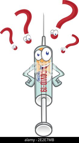 Medizinische Spritze Corona Virus covid-19 Impfstoff mit Fragezeichen .character MASCOT Stock Vektor