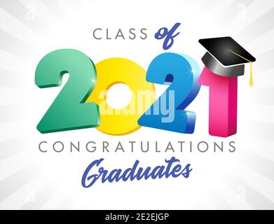 Klasse der 2021-jährigen Graduierung Banner, Auszeichnungen Konzept. Einladungskarte für die Klasse außerhalb des Urlaubs. 3D farbige Ziffern 20, 21. Isoliertes abstraktes Grafikdesign Stock Vektor