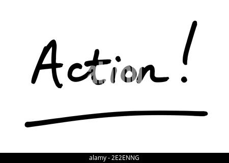 Das Wort Action! Handgeschrieben auf weißem Hintergrund. Stockfoto