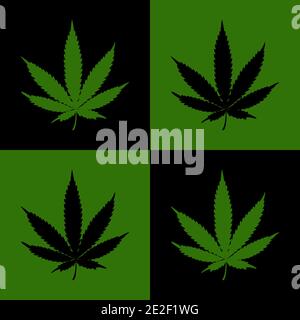 Nahtloses Muster mit Marihuana-Symbol auf schwarzem und grünem Hintergrund. Designelement. Vektorgrafik. Stock Vektor