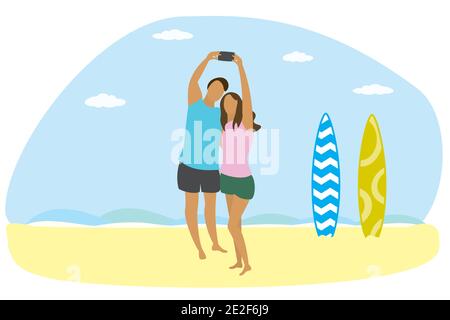 Glückliches Paar in Liebe am Strand und zwei Surfbretter, Leute Nehmen Sie ein Selfie, flache Vektor-Illustration in einfachen trendigen Stil Stock Vektor