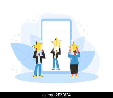 App Feedback Konzept. Kunde, der eine gute Note gibt. Drei Charaktere stehen in der Nähe von riesigen Telefon und hält Sterne in den Händen. Service-Bewertung. Zufriedenheit l Stock Vektor