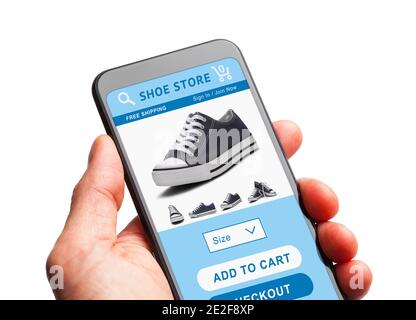 Hand Holding Smartphone Einkaufen im Online Shoe Store. Stockfoto