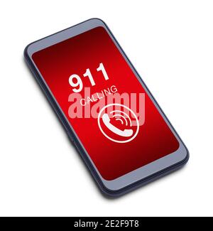 Smart Phone Calling 911 mit Klingelsymbol auf Weiß. Stockfoto