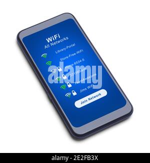 Smart Phone zeigt verfügbare WiFi-Netzwerke und Signalstärkeabschaltung an Out on White Stockfoto