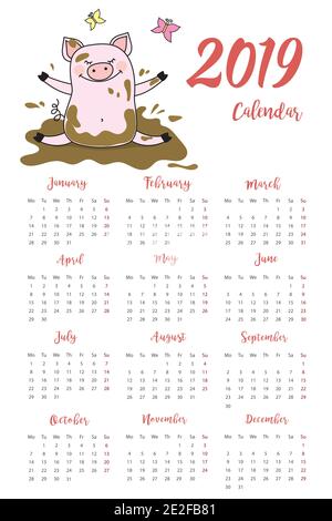 Kalender 2019 und Lustige und schmutzige Schwein im Schlamm, Schweinefleisch Symbol Des neuen Jahres, vertikale Ausrichtung, Stock Vektor Illustration Stock Vektor
