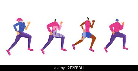 Gruppe von laufenden Mädchen chcracters isoliert auf weißem Hintergrund. Junge Frauen in modischer Sportbekleidung Joggen. Vector flache Personen Kollektion. Stock Vektor