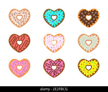 Set von herzförmigen Donuts isoliert auf weißem Hintergrund. Verschiedene süße Donuts für Valentinstag. Vektorgrafik Cartoon-Illustration. Stock Vektor
