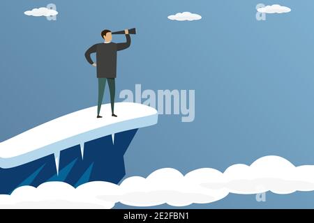 Geschäftsmann auf einem Berg mit einem Teleskop, Geschäftskonzept Im trendigen Stil, Vektor-Illustration flach Design Stock Vektor