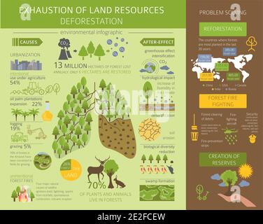 Globale Umweltprobleme. Infografik zur Erschöpfung der Bodenressourcen. Entwaldung. Vektorgrafik Stock Vektor