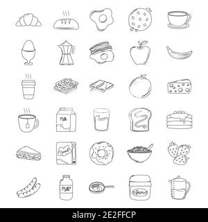 Frühstück Symbole Set, Croissant Brot Saft Früchte Sandwich Milch Pfannkuchen Vektor Illustration Linie Stil Stock Vektor