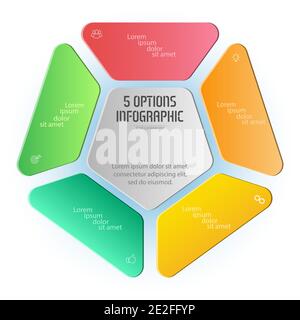 Pentagon-Infografik. Das Dreiecksdiagramm ist in 5 Teile unterteilt. Geschäftsstrategie, Zeitplan für die Projektentwicklung oder Schulungsphasen. Flaches Design. Stock Vektor