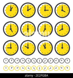 Uhrensymbole für jede Stunde auf Weiß isoliert. Vektorgrafik. Uhren mit gelbem Kreis. Stock Vektor