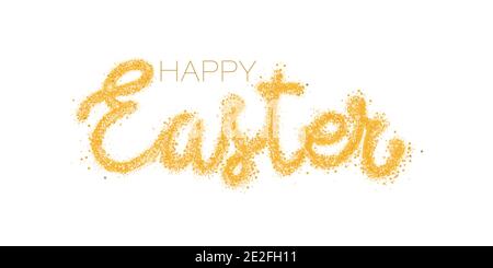 Handgeschriebener Schriftzug Frohe Ostern. Goldfarbene Glitzerstruktur. Pailletten und Glitzersteinchen. Vektor für Grußkarte, Postkarte, Einladung, Plakat, Banner. Stock Vektor