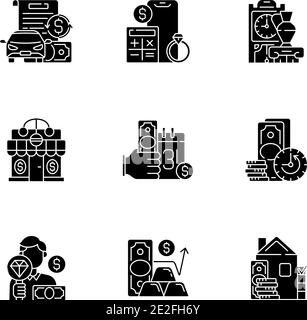 Pfandhaus schwarze Glyphen-Symbole auf weißem Raum gesetzt Stock Vektor