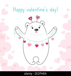 Glückwünsche Valentinstag Grußkarte, Eisbär hält Girlande der Herzen. Zeichnen Sie Doodle Cartoon-Stil. Romantische Banner niedlichen Hand gezeichnet Bär Teddy. Design für Druck, über Liebe Herzen Vektor-Illustration Stock Vektor