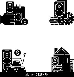 Hockshop schwarze Glyphen-Symbole auf weißem Raum gesetzt Stock Vektor