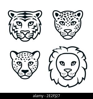 Big wild cats Face Set, schwarz-weißes Logo. Löwe, Tiger, Leopard, Geparden. Isolierte Vektor-Clip Art-Illustration. Stock Vektor