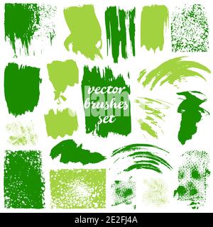 Vektorgrafik isoliert auf weißem Hintergrund. Sammlung von schmutzigen Elementen. Großer Satz zweifarbiger Striche und Linien. Grüntöne Stock Vektor