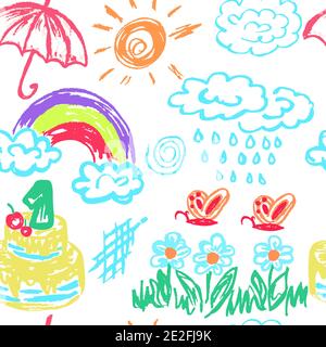 Nahtlose Zeichnung. Farbige Wachsmalstifte. Symbole, Schilder, Symbole, Stifte. Mond, Wolken, Regen, Regenbogen, Regenschirm, Kuchen Stock Vektor