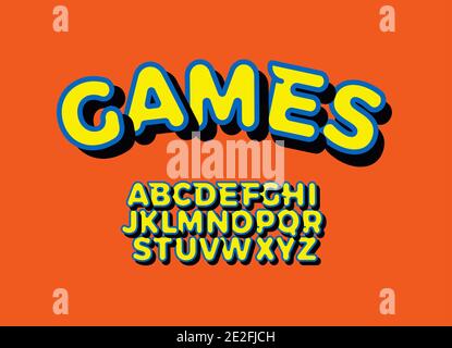 Leuchtend gelbe 3D-Schrift, fett Alphabet für moderne Spiel-Logo, Kids Zone Überschrift, Spielzimmer Monogramm, Comic Art Schriftzug und Baby Typografie. Zeichentrickfilm Stock Vektor