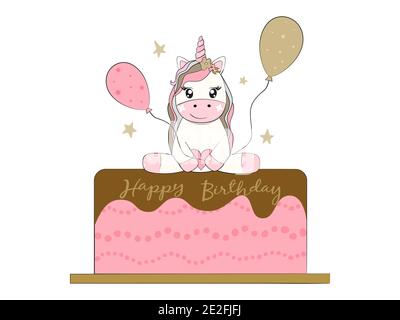 Einhorn auf Kuchen mit Luftballons. Happy Birthday Karte Stock Vektor