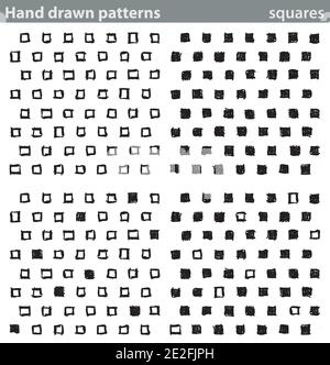 Vier verschiedene nahtlose Muster mit handgezeichneten Quadraten. Stock Vektor