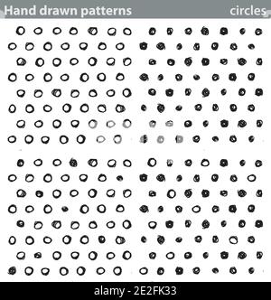 Vier verschiedene nahtlose Muster mit handgezeichneten Kreisen. Stock Vektor