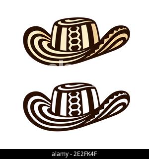 Sombrero Vueltiao, traditioneller kolumbianischer Hut. Schwarz-weiß und Farbe Zeichnung, Vektor Clip Art Illustration. Stock Vektor