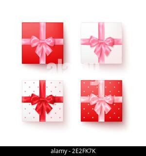 Set von Geschenkboxen mit Seidenschleifen in realistischem Stil Draufsicht. Vektor Stock Vektor