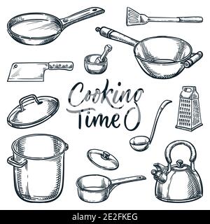 Küchenausstattung Design-Elemente Set. Vektorzeichnung auf weißem Hintergrund isoliert. Koch- und Küchengeräte Sammlung. Haushaltsmittel Stock Vektor