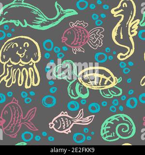 Niedliche Kinder nahtlose Zeichnung. Farbige Wachsmalstifte. Symbole, Schilder, Symbole, Stifte. Seeelemente. Fisch, Quallen Stock Vektor